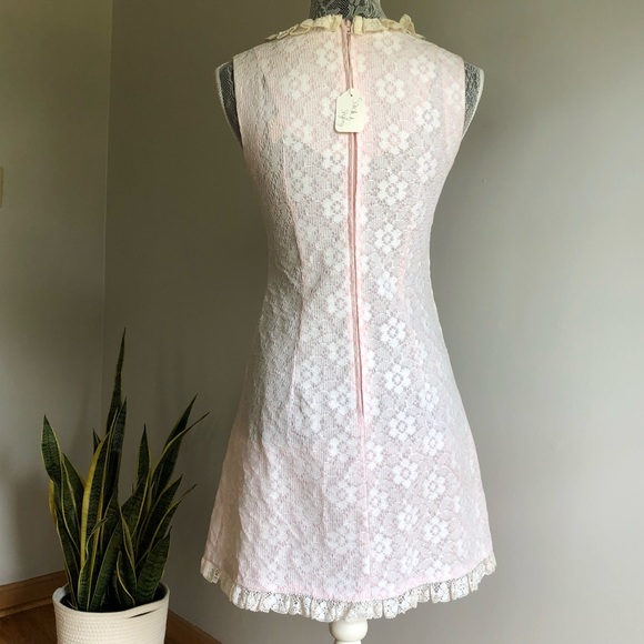 Vintage 60s pink white floral dress sleeveless blush mini ivory ruffle lace smal - Picture 10 of 11